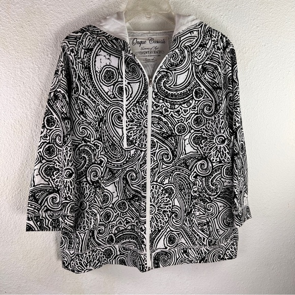 ONQUE CASUALS Hooded Jacket. Black & White. Zip front. Bling on pockets. Large - Picture 1 of 6